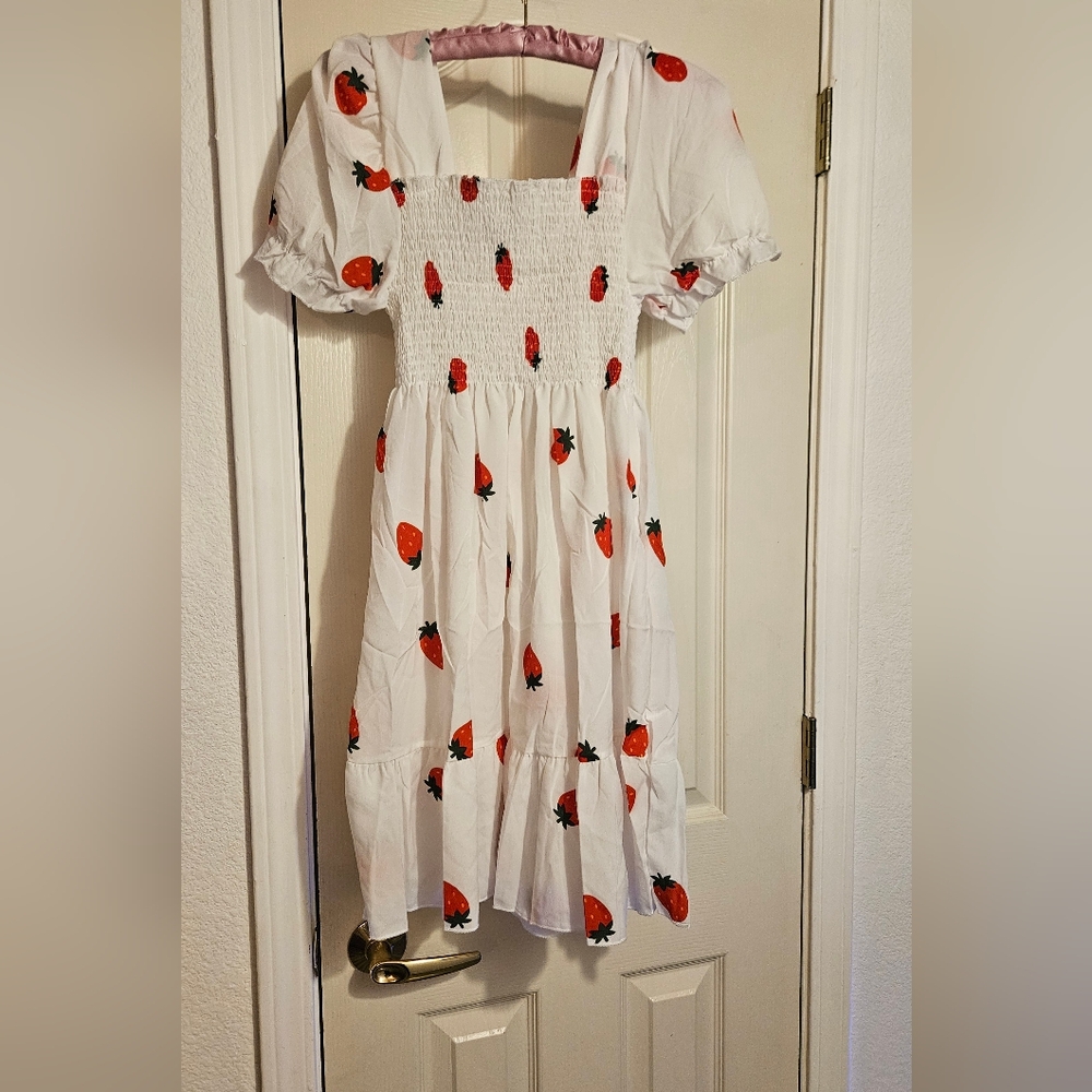 White dress with strawberry print